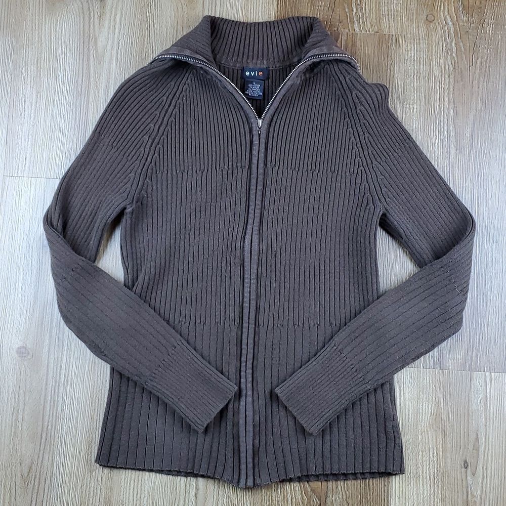 💜Evie Brown Zippered Long Sleeve Cardigan Sweater Large